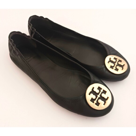 Tory Burch Shoes - Tory Burch Minnie Ballet Flat Blk Leather Gold Logo Flexible Sole 8.5M